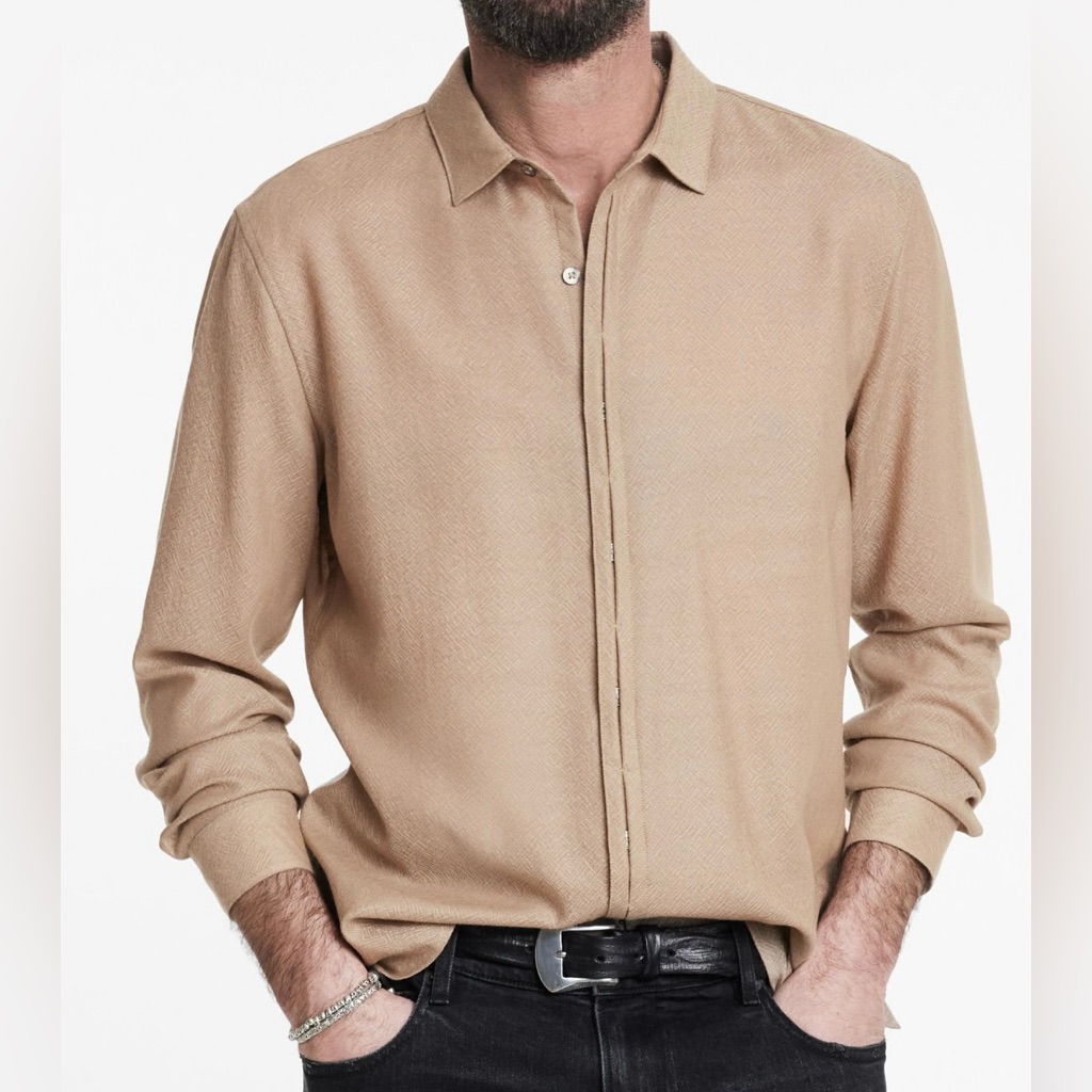 $428 Nwt John Varvatos Shirt Xl Brown Men's Hickory Tan Merino Wool Button Down